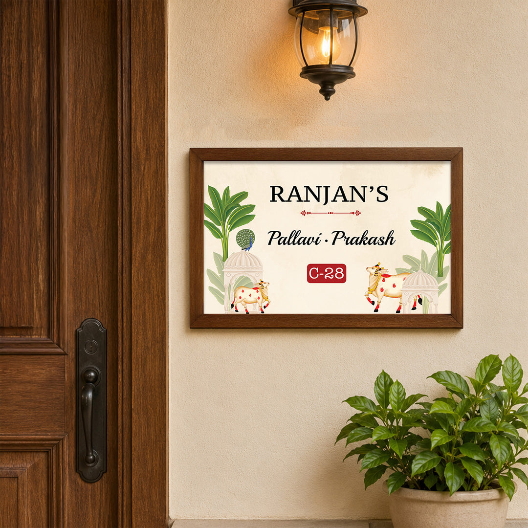 Personalized Pichwai Printed Wooden & Acrylic Name Plate with 3D Letters