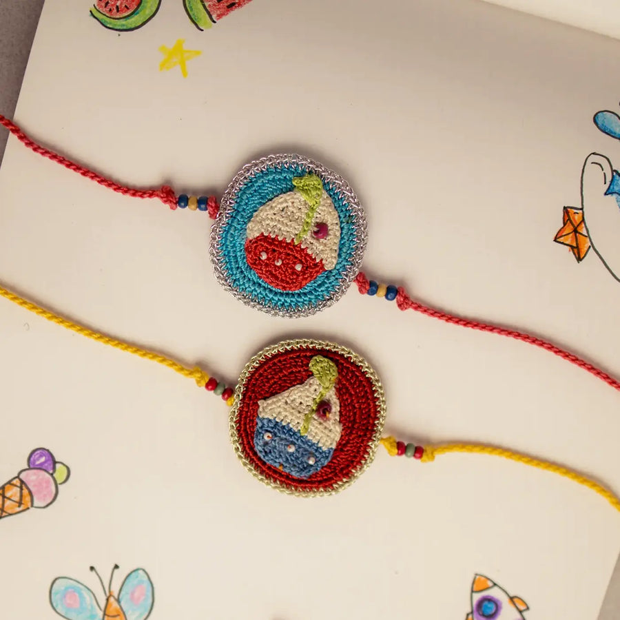 Handmade Crochet Boat Theme Kids Rakhi With Roli Chawal Set Of 2 - Close-up of Two Bracelets
