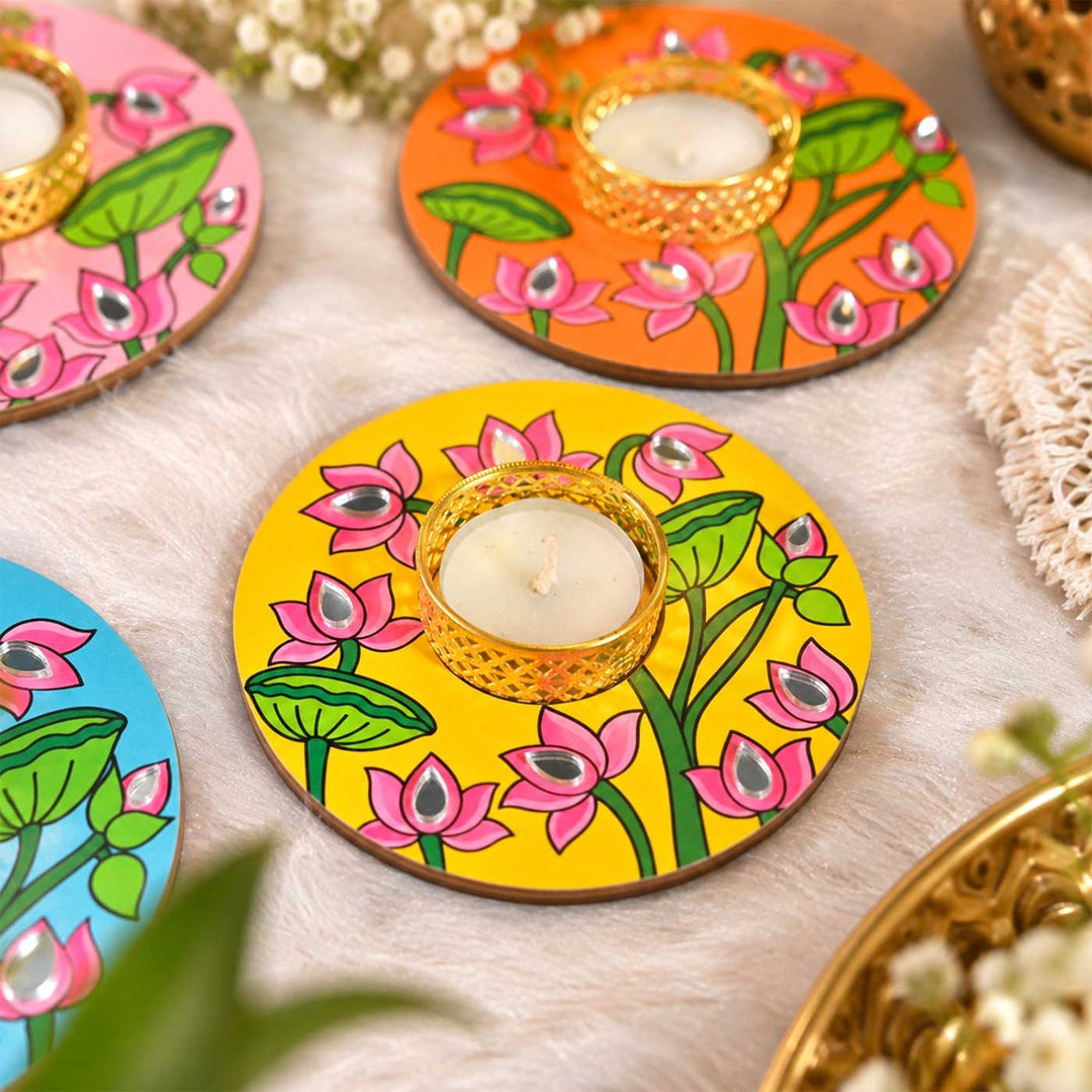 Set of 4 | Handcrafted Colourful Lotus Round Wooden Tealight Holders