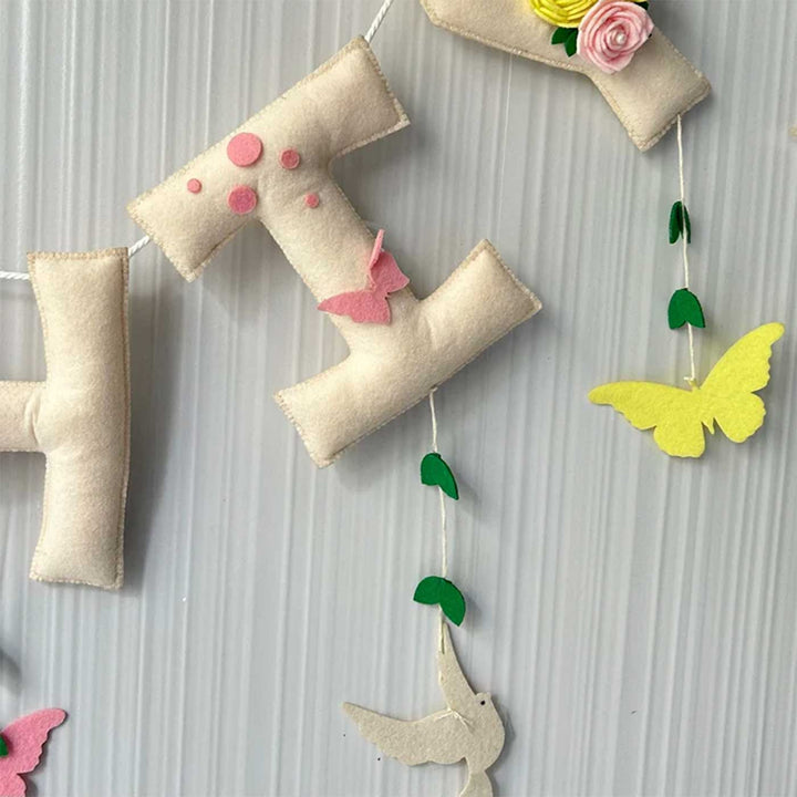 Personalized Birds And Butterflies Felt Bunting Garland For Kids - Close-up Hanging Decorative Letters