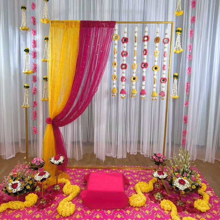 Festive Glam Pink & Yellow Sheer Drape Backdrop Decor Kit With Mirror Cone Tassels