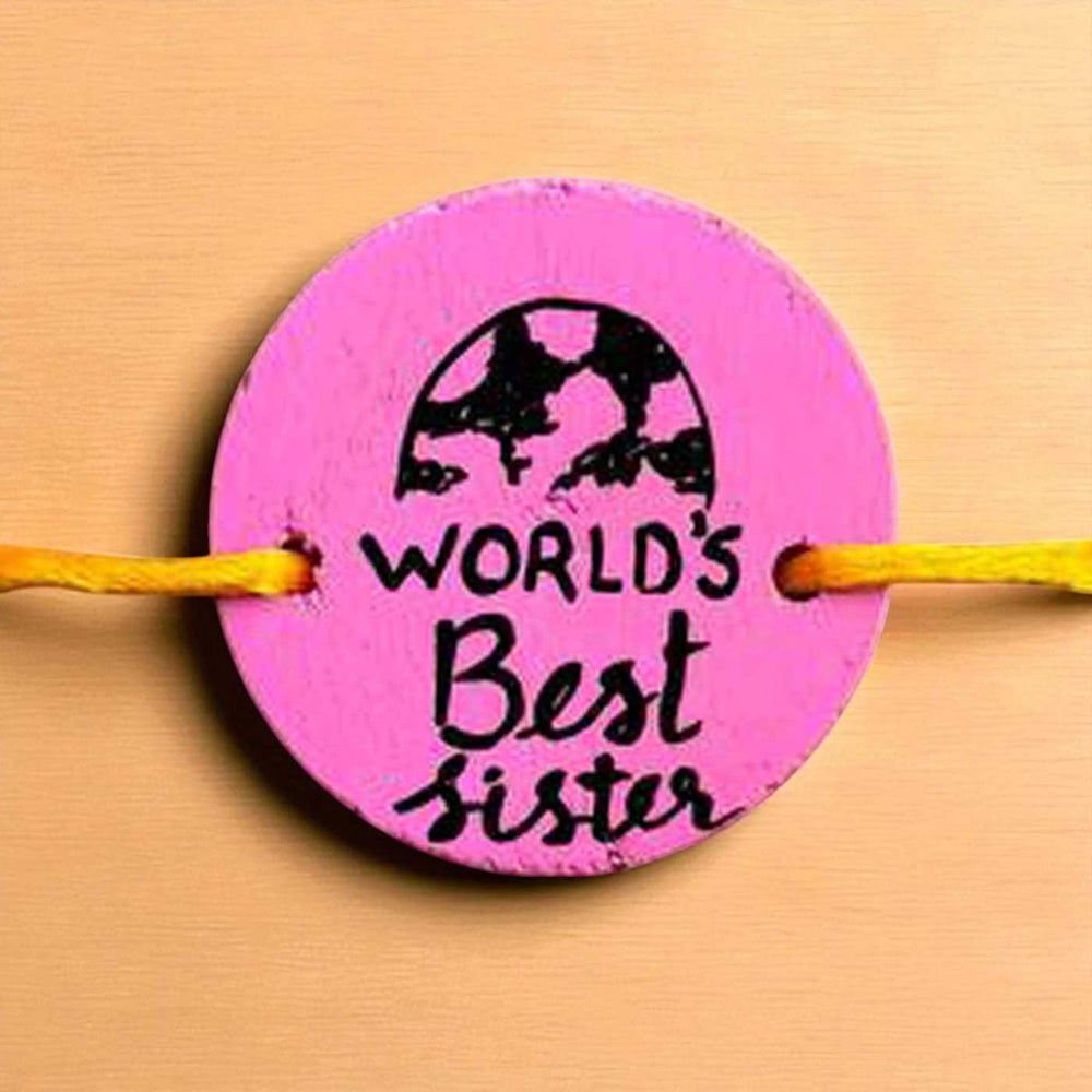 Personalized Hand Painted Worlds Best Sister Wooden Rakhi With Roli Chawal - Close-up of Bracelet Detail