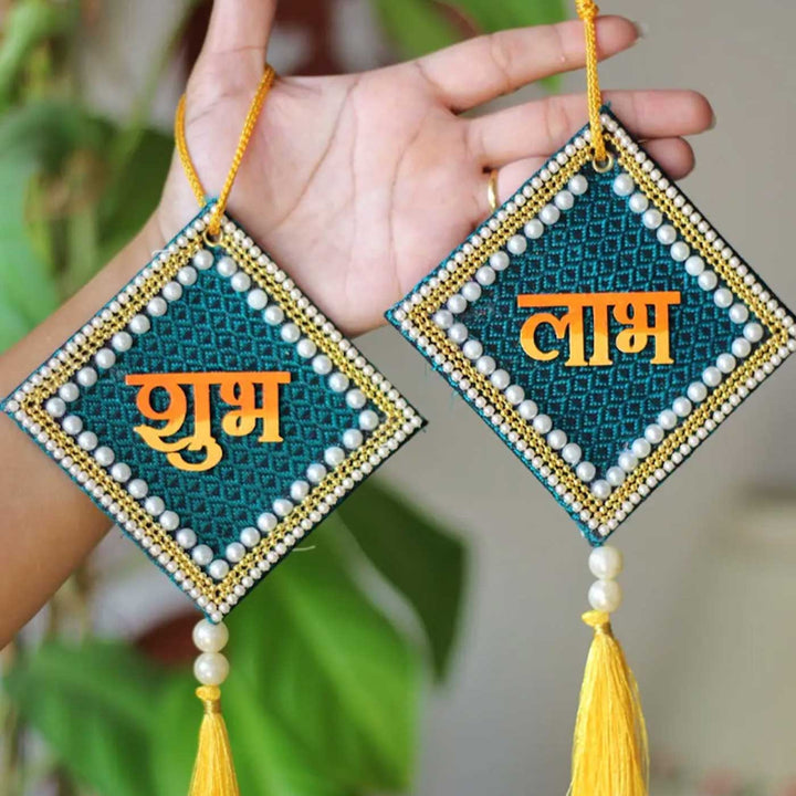 Set of 2 | Handcrafted Traditional Khun Fabric Shubh Labh Wall Hanging For Festive Decor