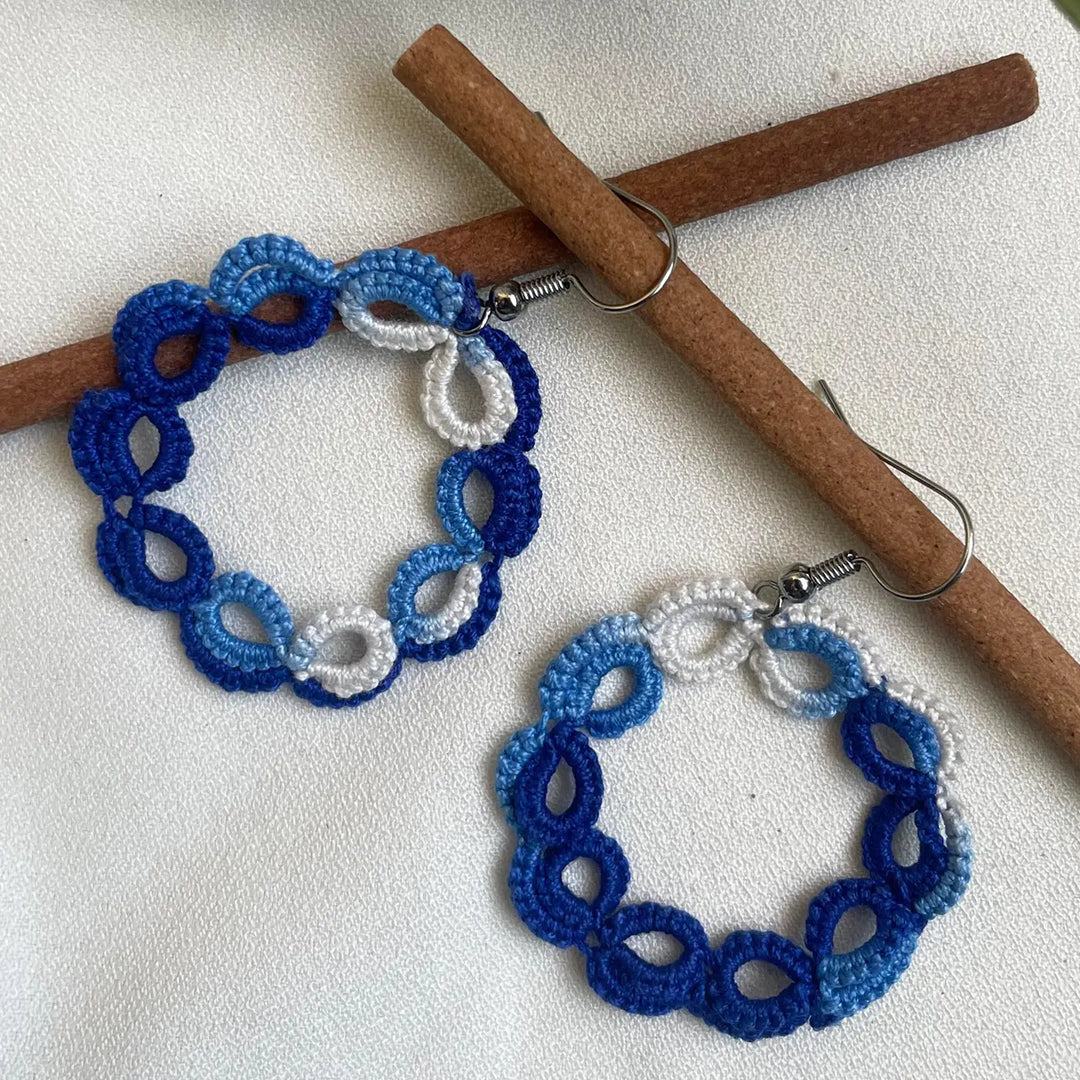 Handmade Tatting Blue Hoop Style Cotton Earrings