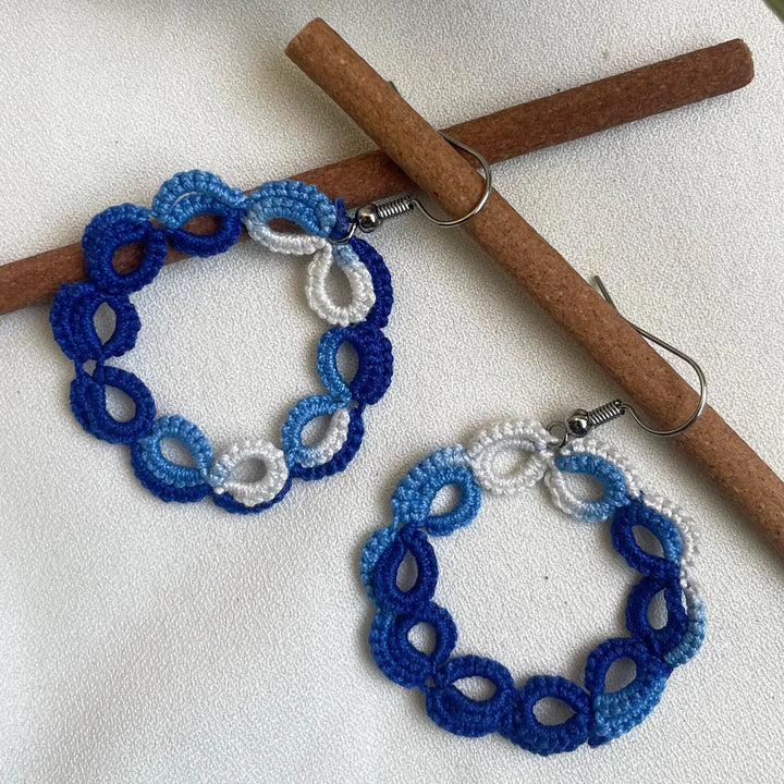 Handmade Tatting Blue Hoop Style Cotton Earrings