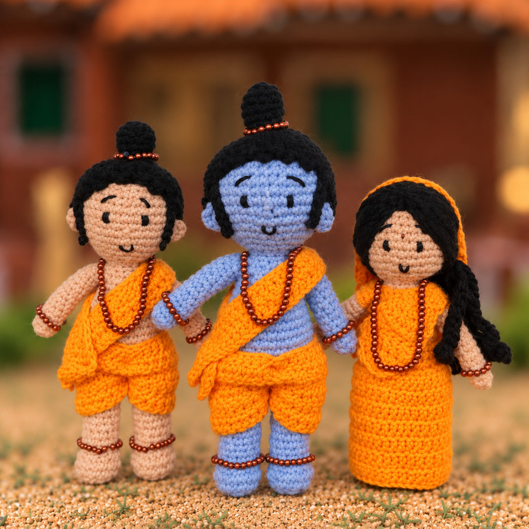 Set of 3 | Handmade Ramayana Ram, Sita & Laxman Crochet Cotton Golu Dolls For Gifting & Decor