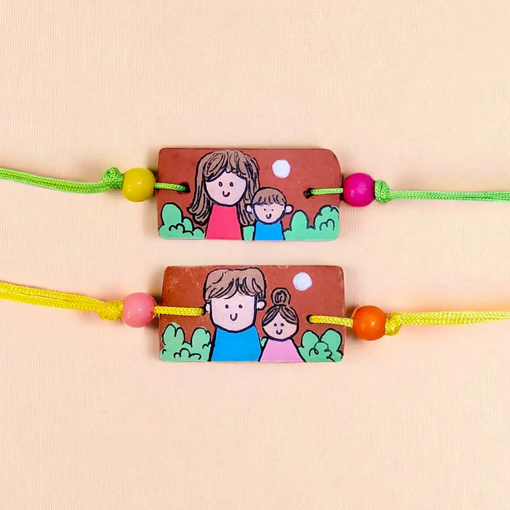 Hand-Painted Siblings Illustration Terracotta Rakhi