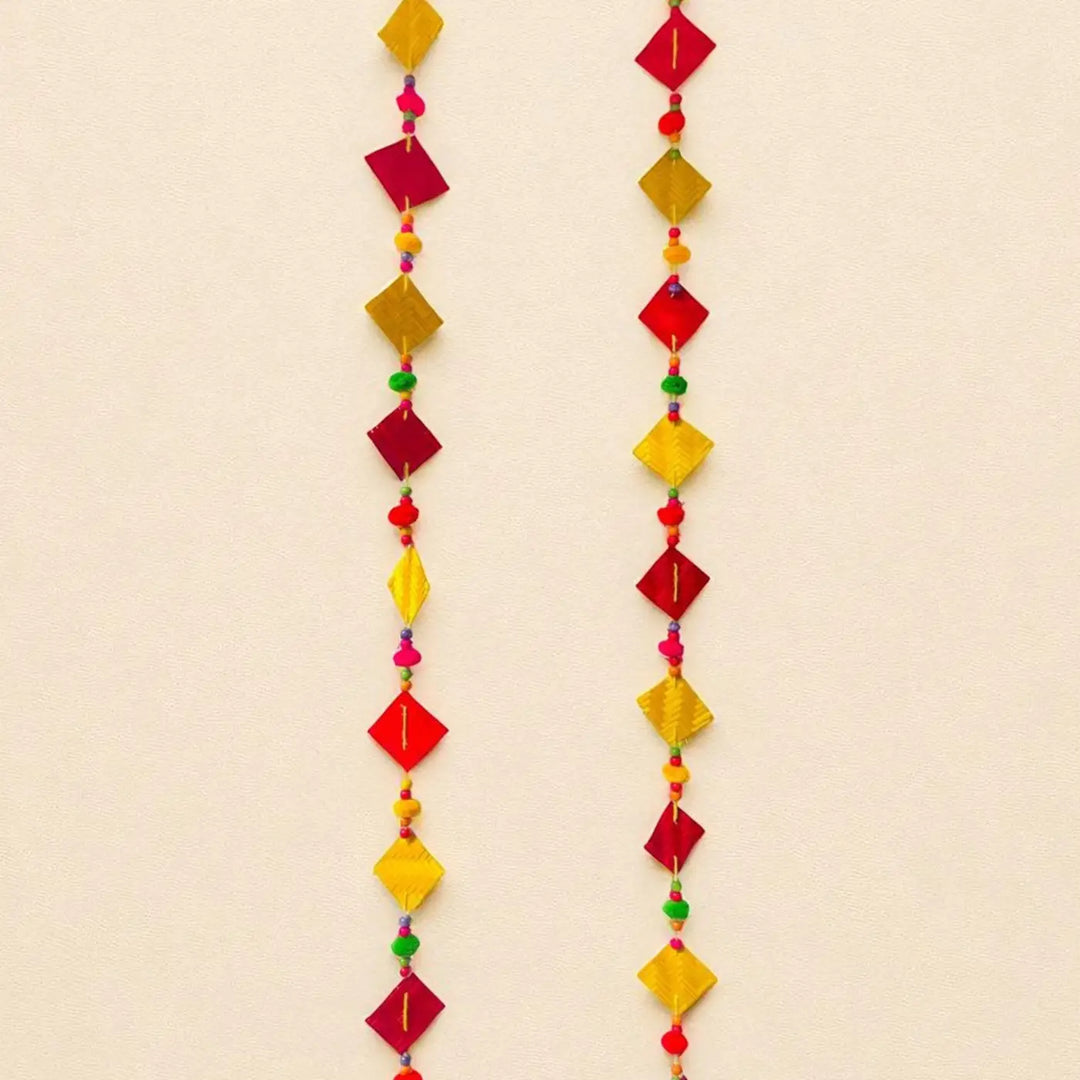Handmade Multicolor Square Pom Pom & Bamboo Hanging