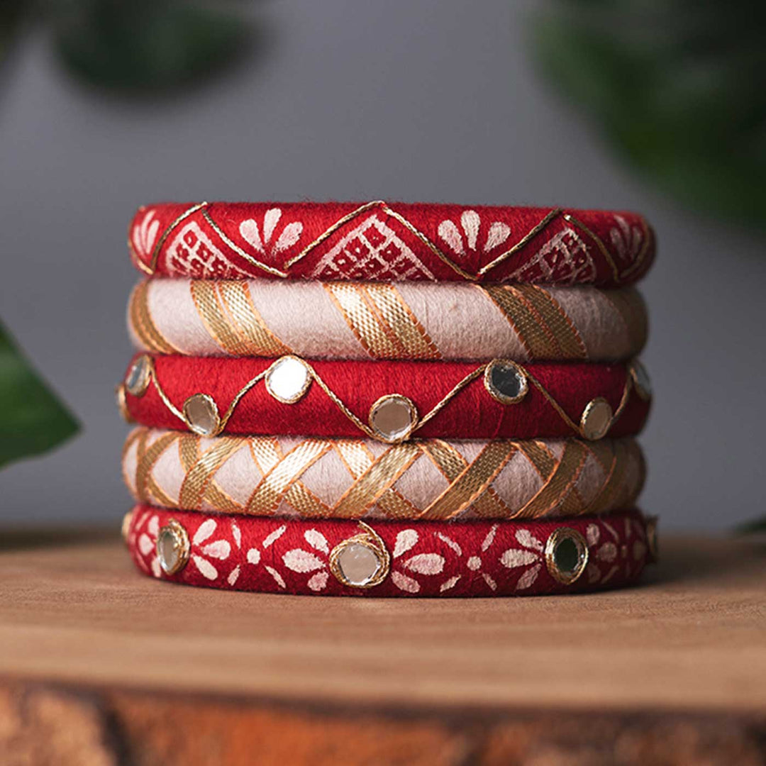 Red & White Handcrafted Elegant Mirror Work Bangles | Set of 5