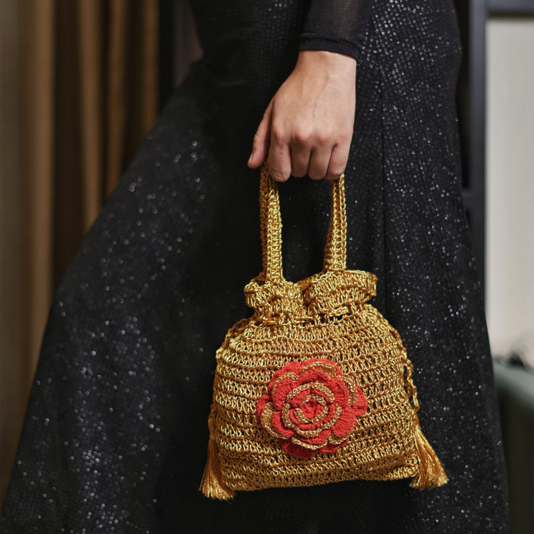 Handmade Crochet Floral Golden Potli