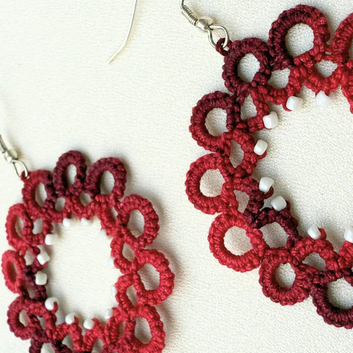 Handmade Tatting Red Hoop Style Beaded Cotton Earrings