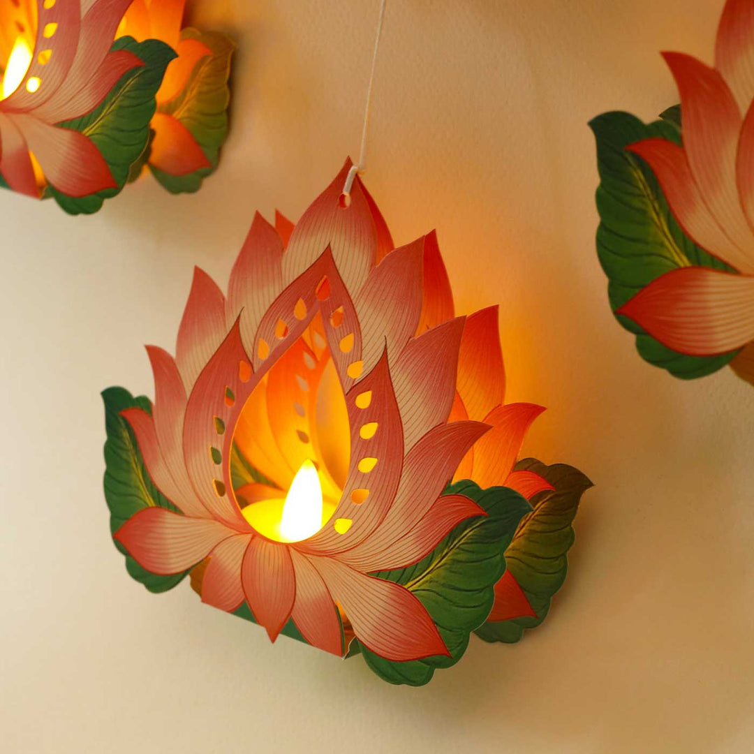 Handmade Hanging Lotus Diya Design With Electric Tealights | Set Of 4