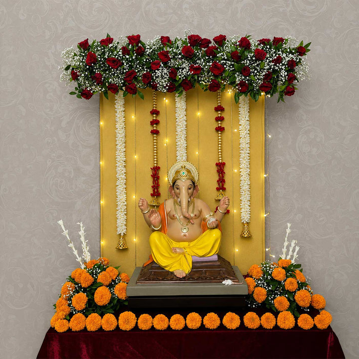 Divine Pooja Backdrop Decor Kit with Stand, Floral Garlands & 30 m Fairy Lights