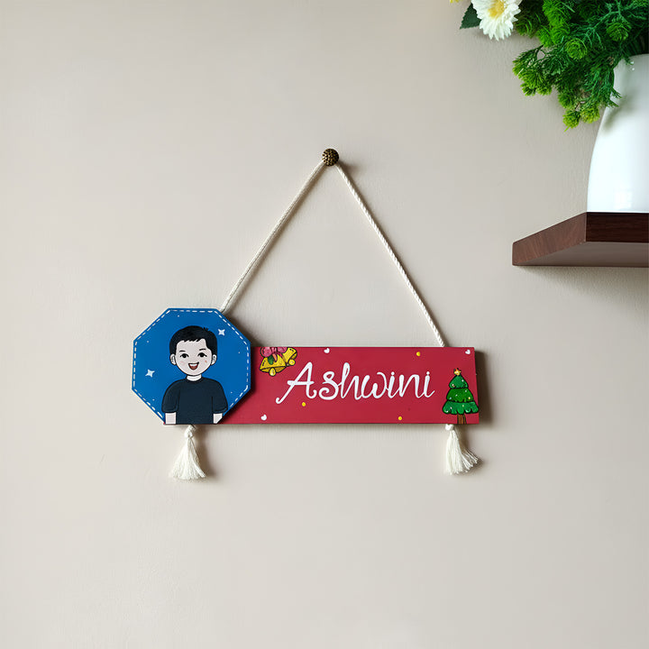 Photo Personalized Hand-Painted Christmas Theme MDF Wood Name Plate