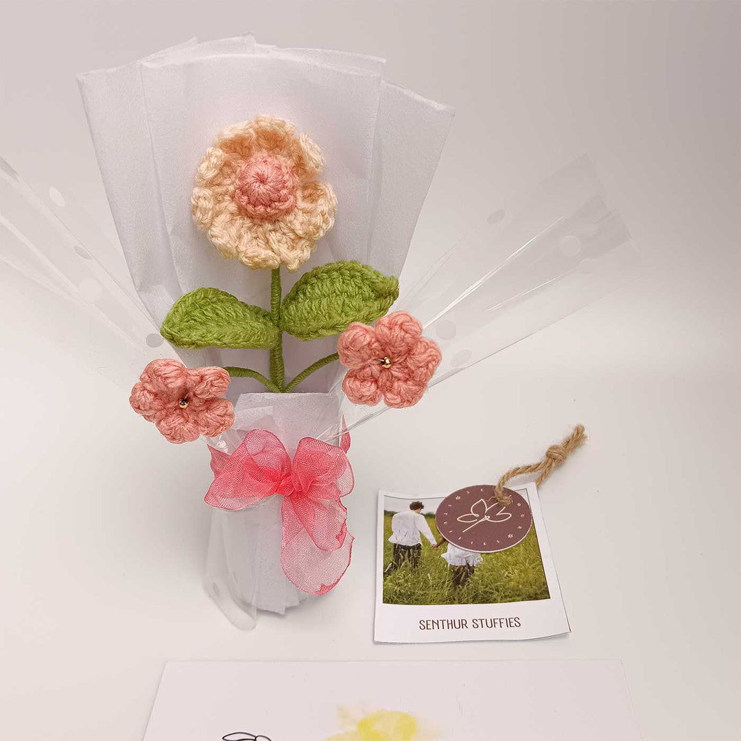 Handmade Crochet Cream & Peach Mini Flower Bouquet | Includes Photo & Greeting Card