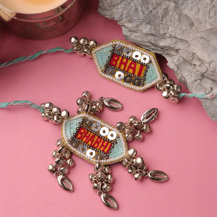 Handmade Boho Embroidered Ghungroo Bhaiya Bhabhi Rakhi With Roli Chawal | Set Of 2
