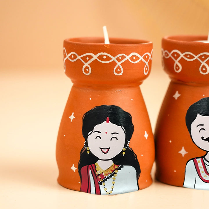 Hand-Painted Bengali Couple Terracotta Tealight Holder | Set Of 2