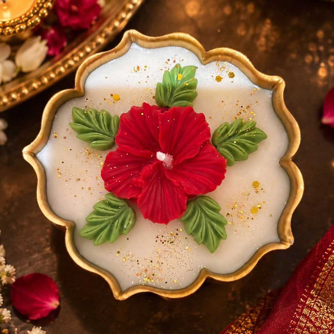 Handmade Hibiscus Flower Soy Wax Scented Iron Urli Candle For Festive Decor