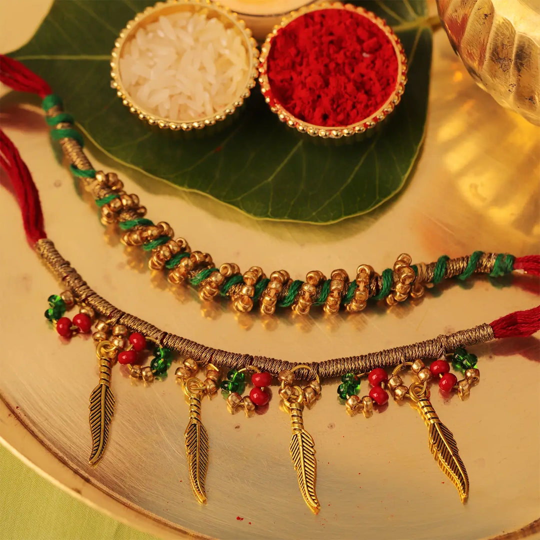 Handmade Embellished Red & Green Bhaiya Bhabhi Rakhi With Roli Chawal | Set Of 2