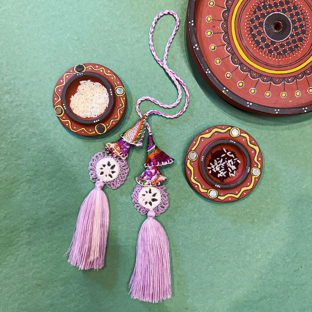 Handmade Reusable Lavender Mirror And Jhumki Rakhi For Bhaiya And Bhabhi - Full Necklace Styled with Accessories