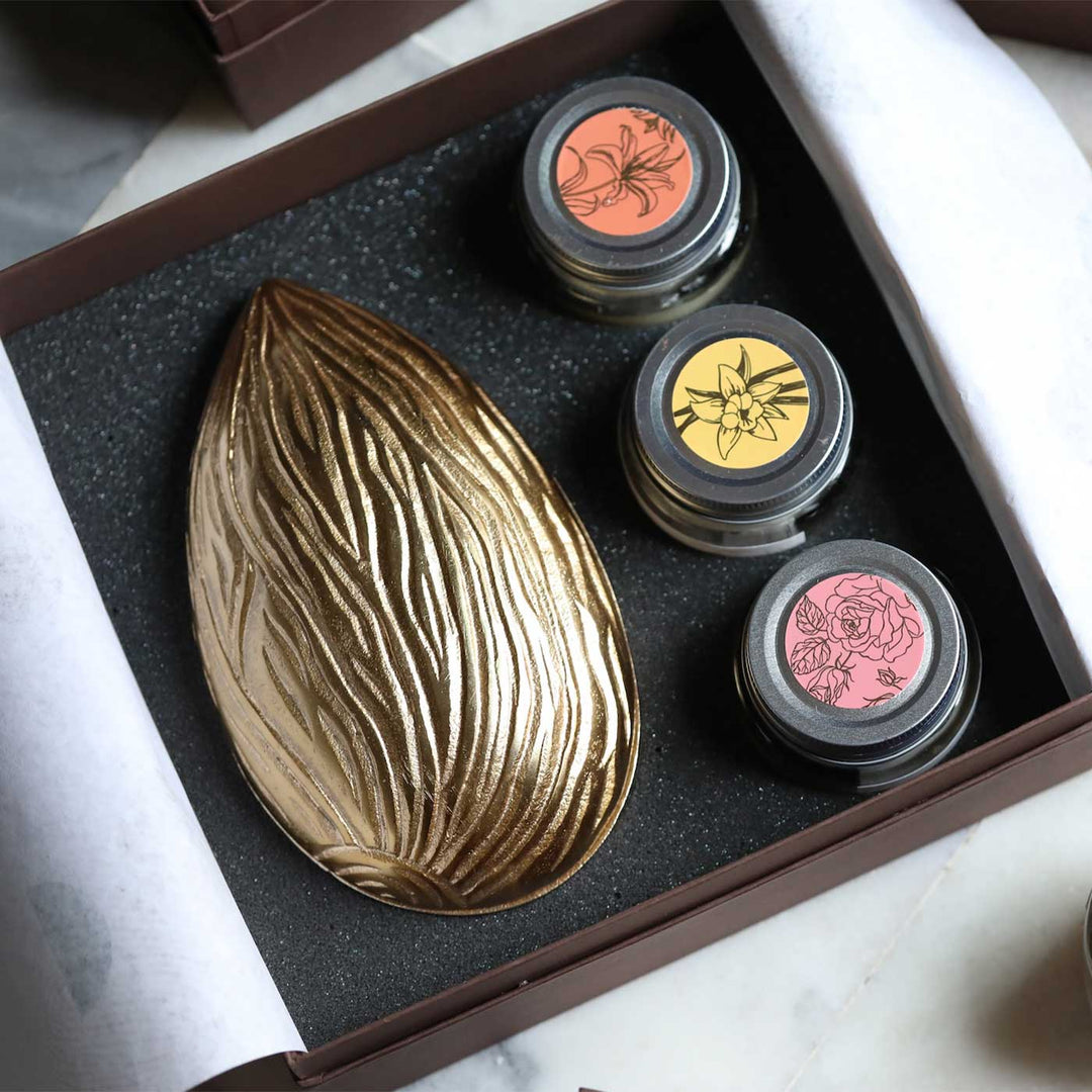 Handmade Charming Metal & Glass Gift Hamper | Includes 1 Almond Shape Box, 3 Candles