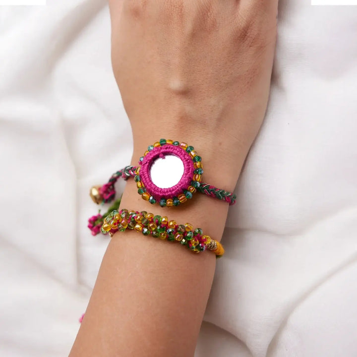 2 pc Rakhi + Brass Thali Set | Premium Mishti Beads & Ghungroo Rakhi Set with Roli Chawal