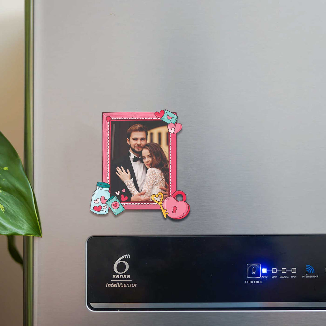 Photo Personalized Love Lock Theme Wooden Fridge Magnet For Couples