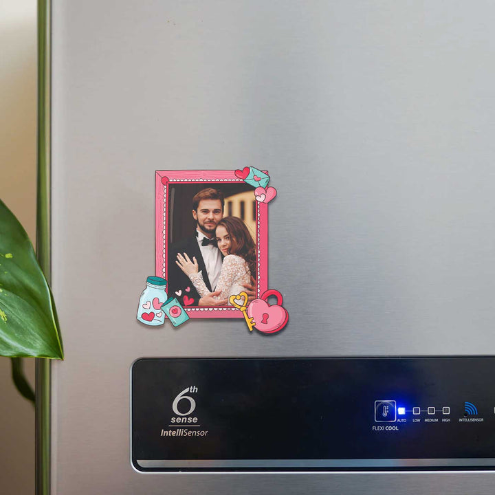 Photo Personalized Love Lock Theme Wooden Fridge Magnet For Couples