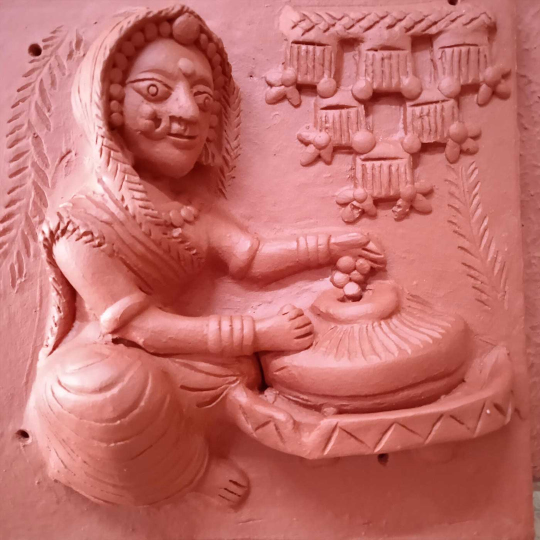 9 x 9 Inch | Lady With Stone Mill | 3D Handmade Terracotta Molela Mural Wall Art Tile