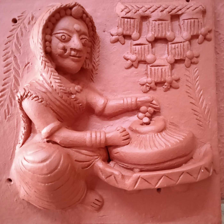 9 x 9 Inch | Lady With Stone Mill | 3D Handmade Terracotta Molela Mural Wall Art Tile