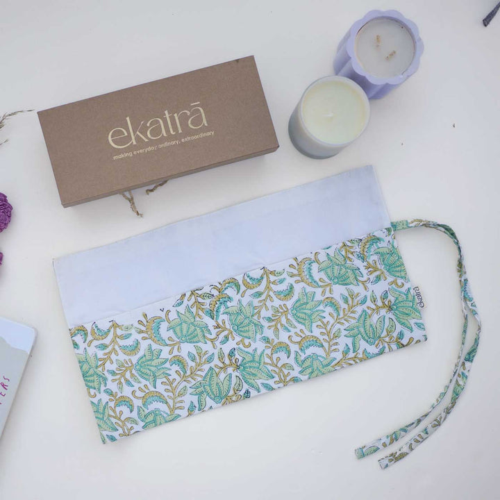 Hand-stitched Cotton Fabric Green Floral Roll Up Case