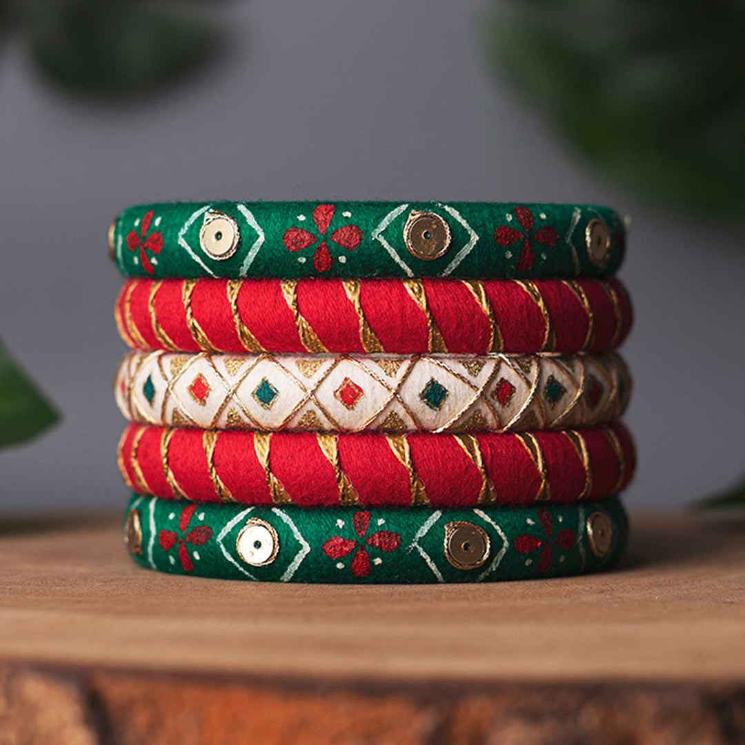Red, Green & White Handcrafted Gotta Patti Bangles | Set of 5