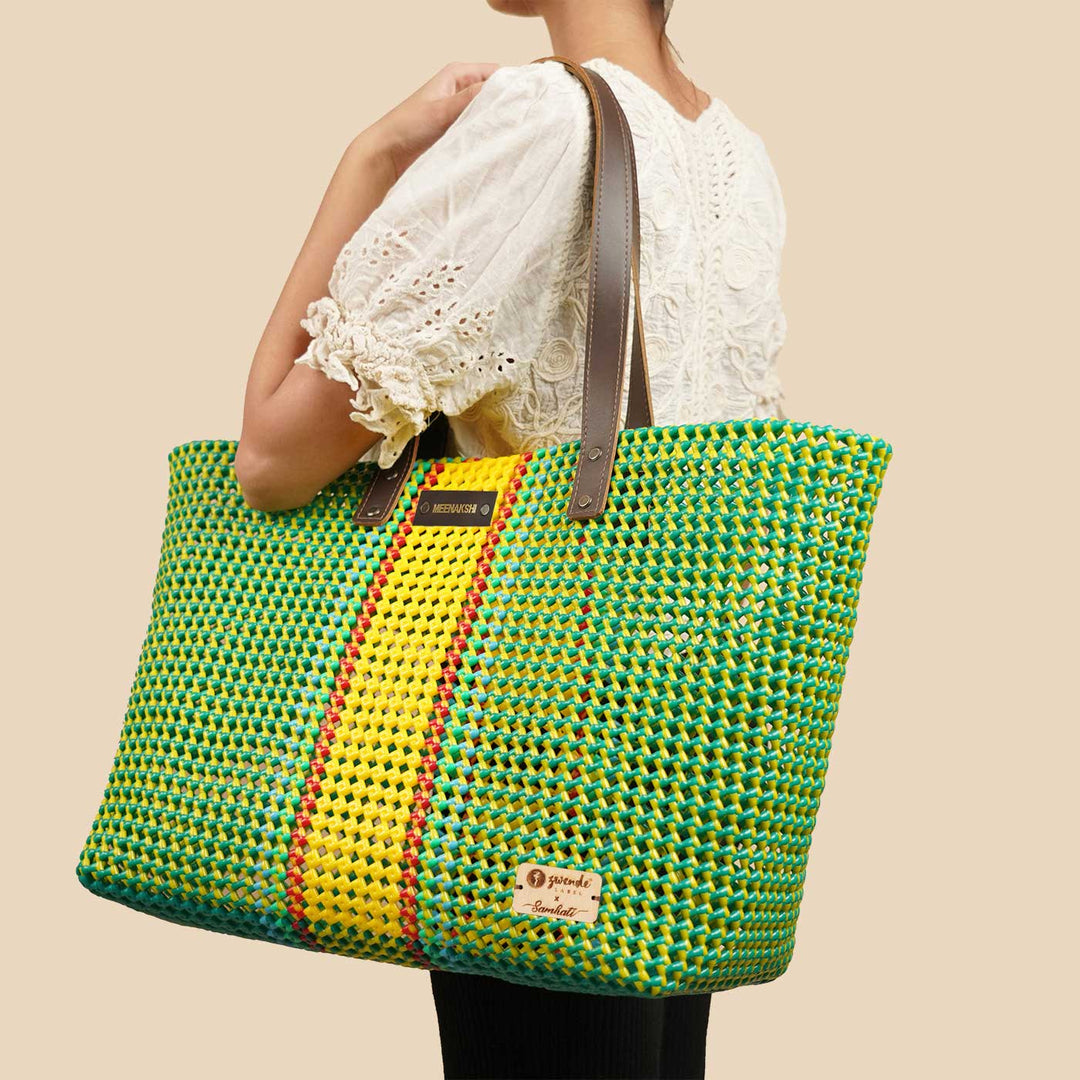 Green And Yellow Line Mukhya Knot Handmade Koodai Beach Bag