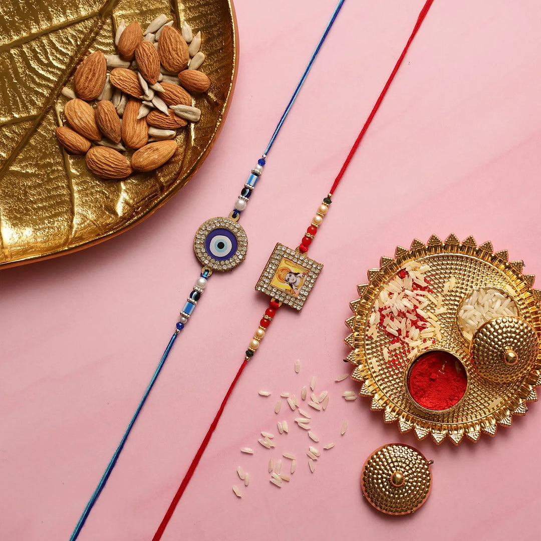 Handmade Shri Ram & Evil Eye Rakhi With Roli Chawal | Set Of 2