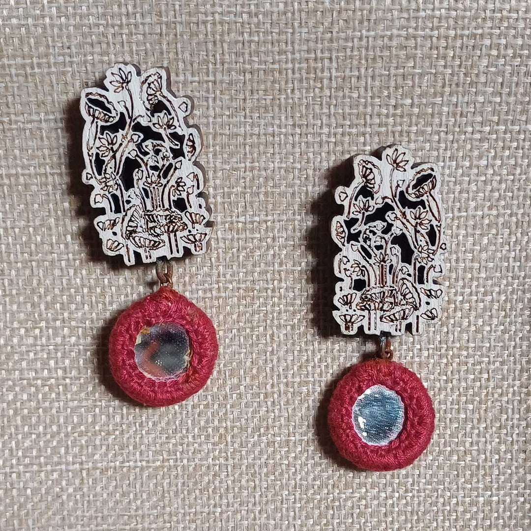 Handmade Silver Mirror Floral Jhumka Wooden Earrings