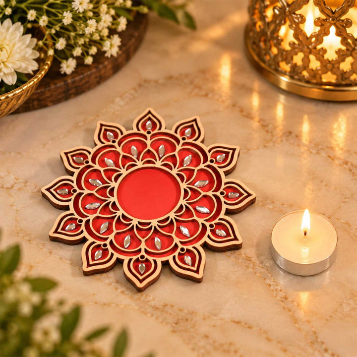 Handcrafted Heritage Mandala Red Wooden Tealight Holder with Mirror Accents