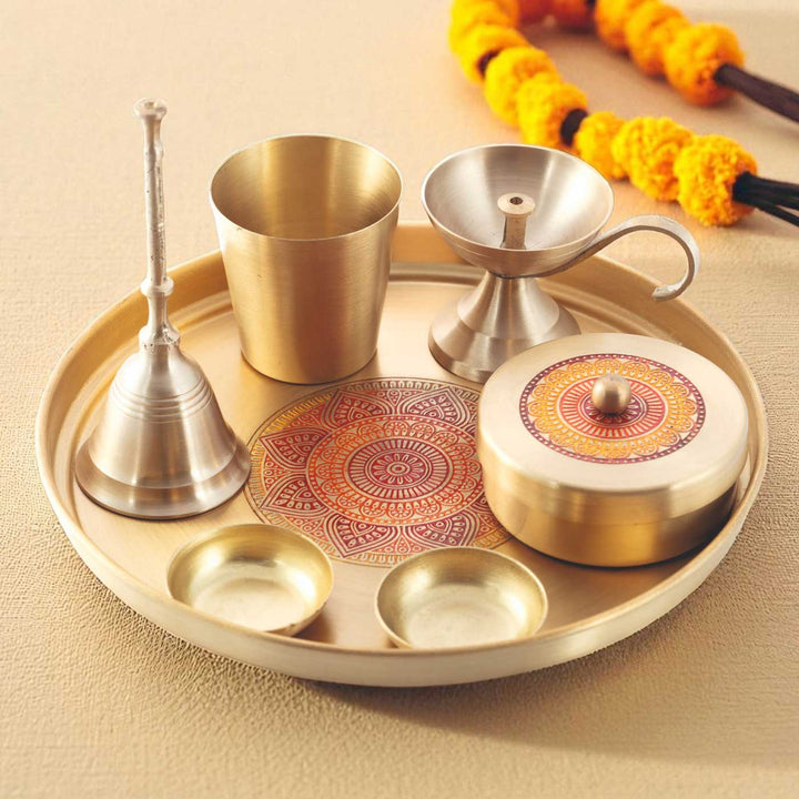 Hand-Painted Bhakti Pujan Brass Gift Hamper | Includes 1 Bell, 1 Diya, 2 Kumkum Katori, 1 Prasad Box, 1 Glass And 1 Pooja Plate