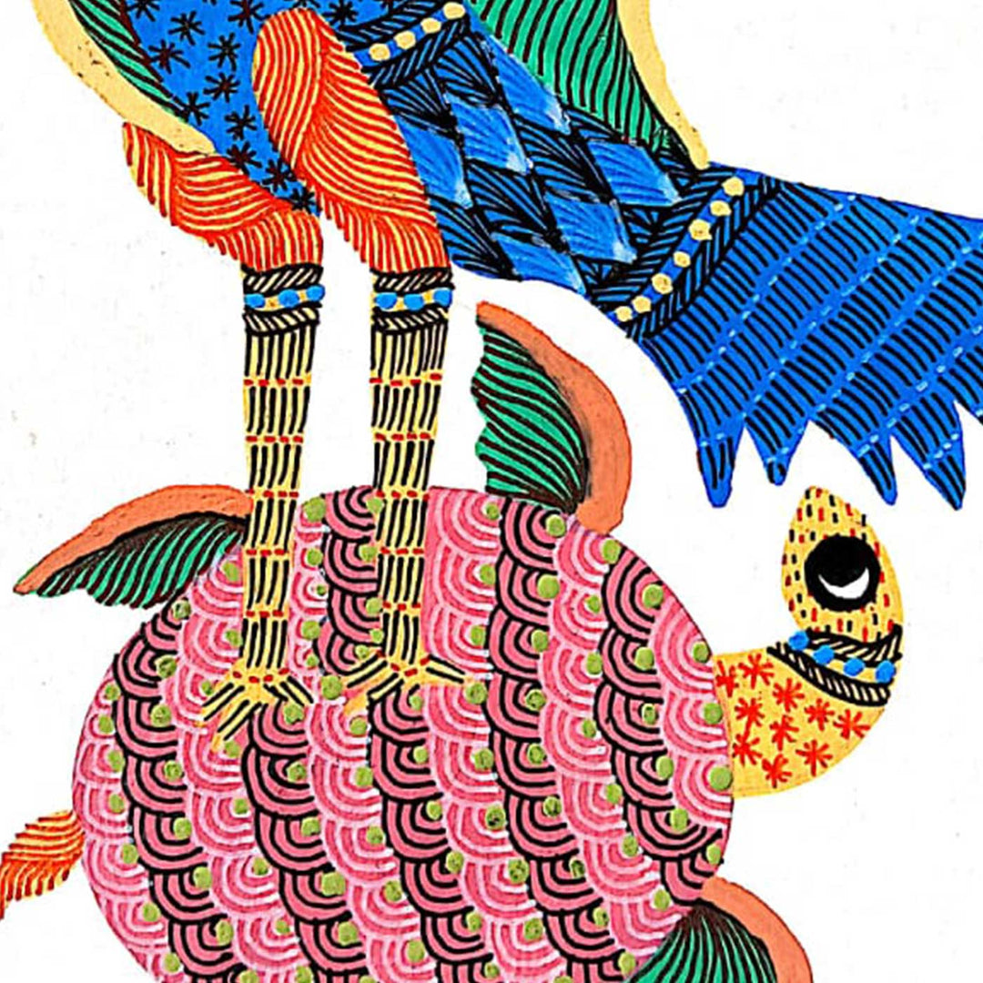 6 x 8 Inch | Peacock & Turtle | Original Hand painted Tribal Gond Art Painting | Acrylic Paints On Paper