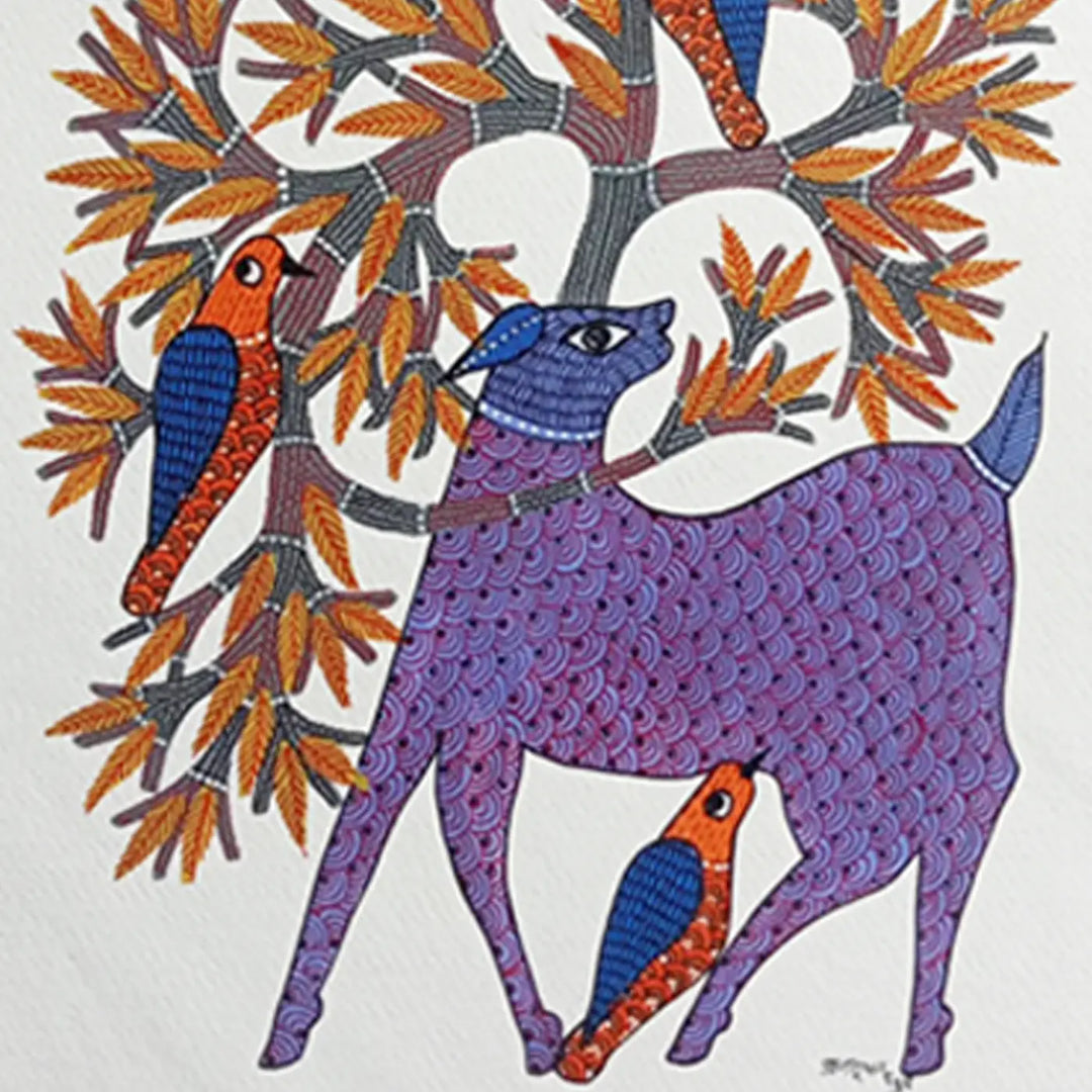 11 x 16 Inch | Wildlife & Birds Under Tree | Original Hand Painted Tribal Gond Art Painting | Acrylic Paint On Paper