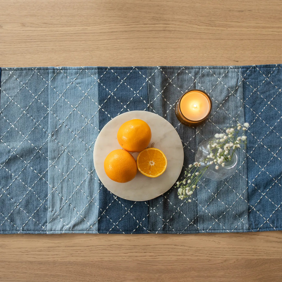 Upcycled Hand Embroidered Denim Criss Cross Eco-Friendly Table Runner & Mat