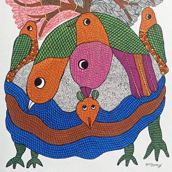 11 x 16 Inch | Bird with Tree of Life | Original Hand Painted Tribal Gond Art Painting | Acrylic Paint On Paper