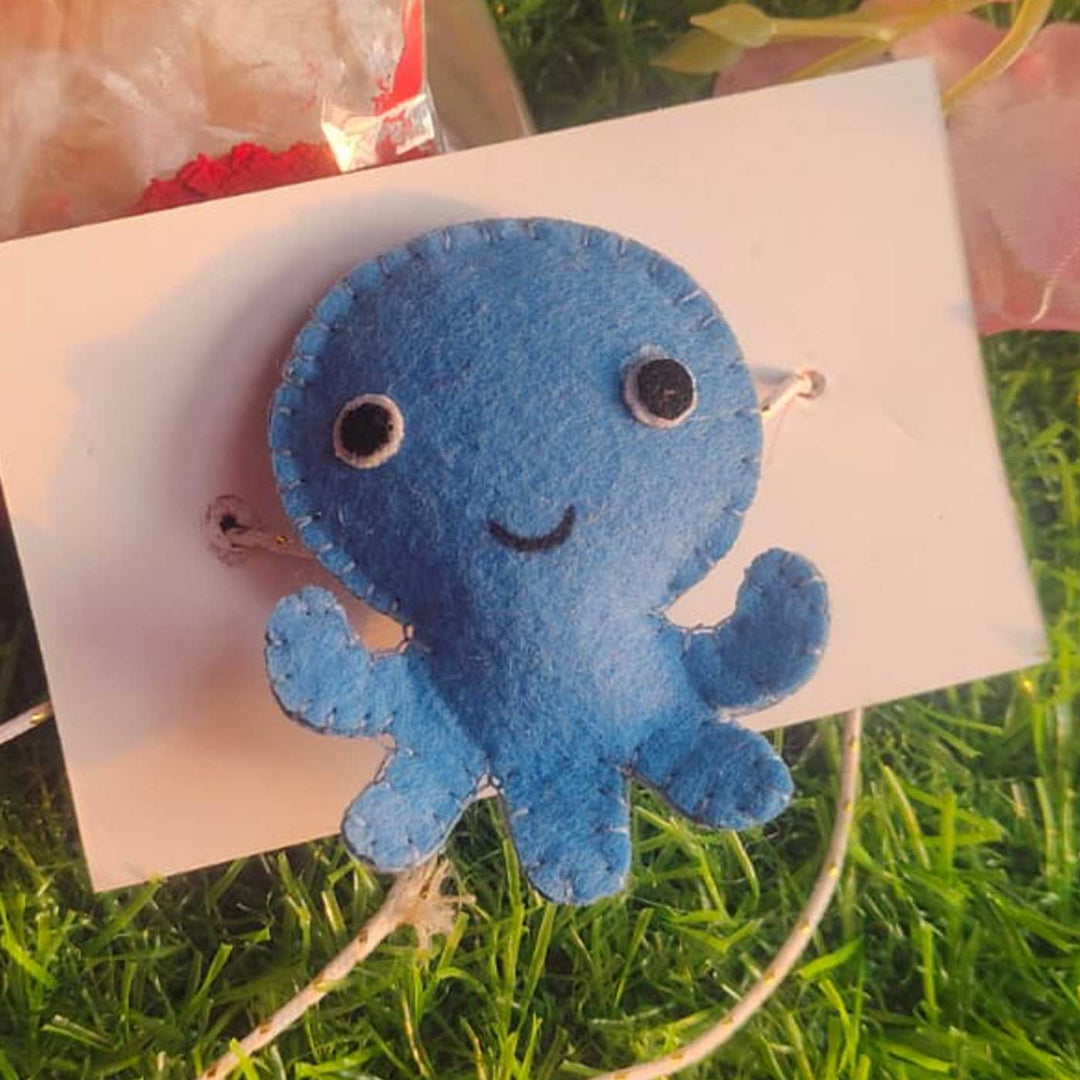 Customized Handmade Beaded Octopus Theme Felt Rakhi With Roli Chawal For Kids - Front View with Blue Plush Octopus