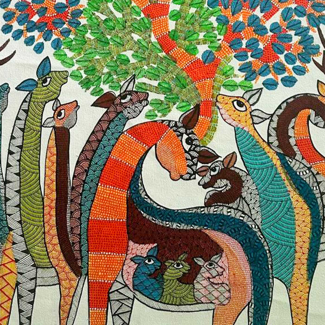 24 x 36 Inch | Giraffes & Tree | Original Hand Painted Tribal Gond Art Painting | Acrylic Paints On Paper