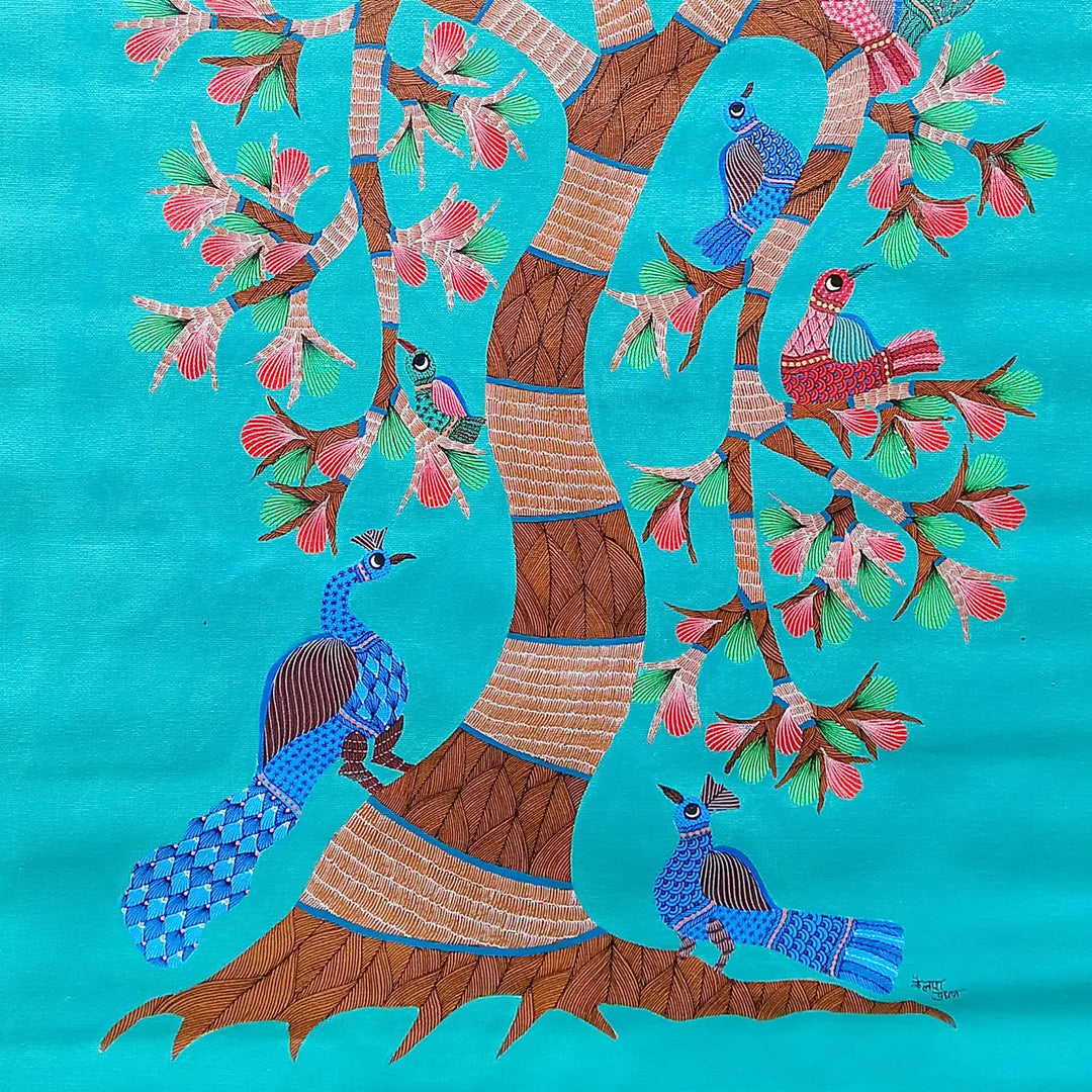 24 x 36 Inch | A Tree of Peacocks | Original Hand painted Tribal Gond Art Painting | Acrylic Paints On Canvas