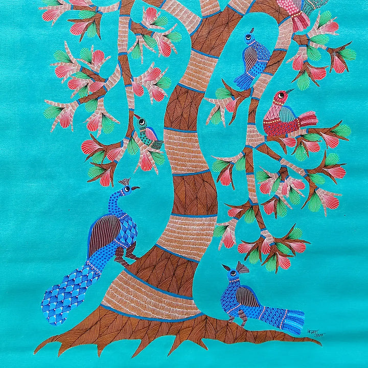 24 x 36 Inch | A Tree of Peacocks | Original Hand painted Tribal Gond Art Painting | Acrylic Paints On Canvas