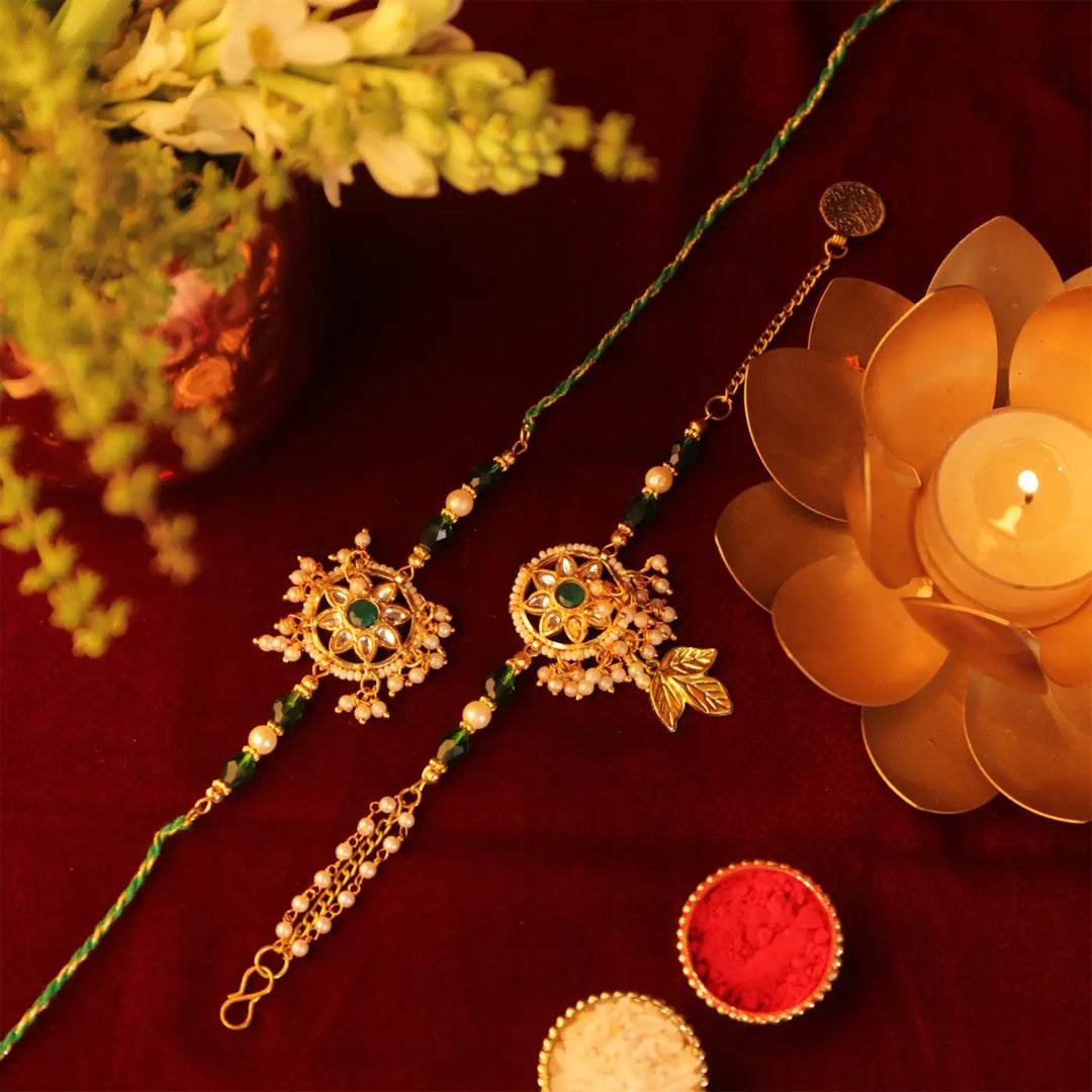 Handmade Green Kundan Bhaiya Bhabhi Rakhi With Roli Chawal | Set Of 2