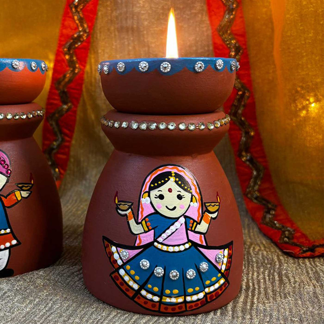 Hand-Painted Diwali Special Rajasthani Couple Theme Terracotta Tealight Holder | Set Of 2