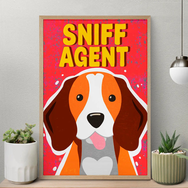 Beagle Sniff Agent Quirky Comic Style Printed Wall Art | 13x19 Inch | Unframed
