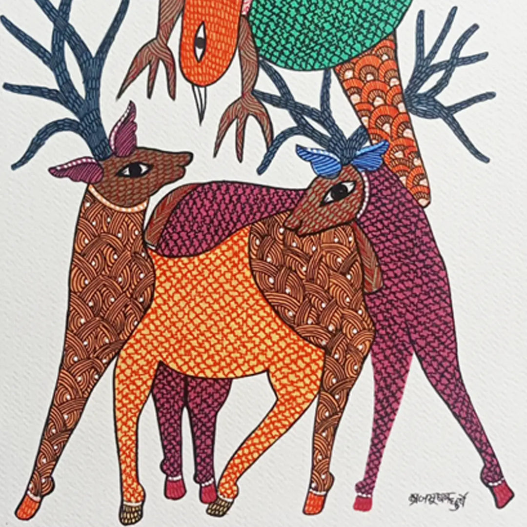 11 x 16 Inch | Deer and Birds in Harmony | Original Hand Painted Tribal Gond Art Painting | Acrylic Paint On Paper