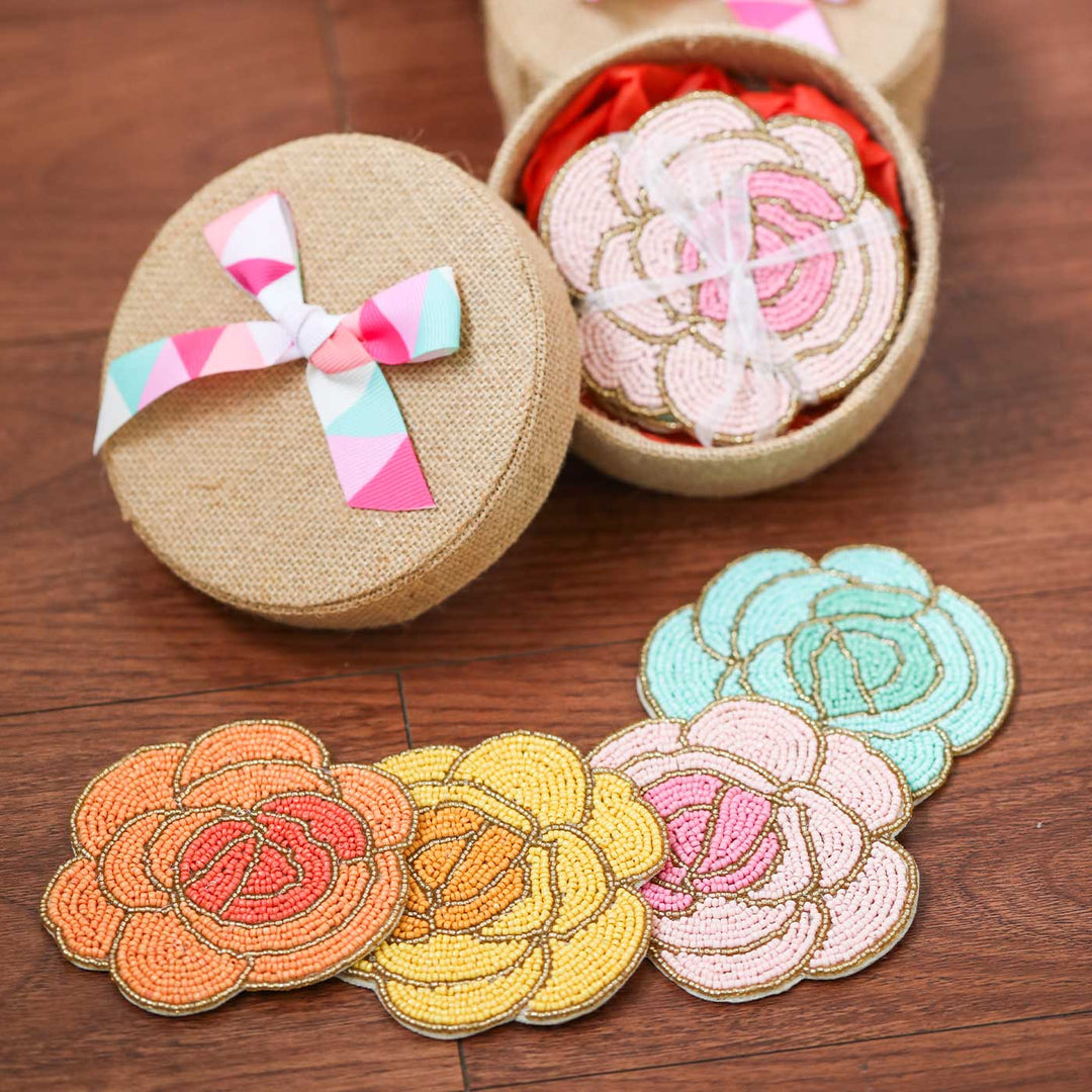 Handmade Beaded Rose Theme Jute Coaster Set | Set Of 4